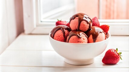 Decadent Bowl of Chocolate and Strawberry Ice Cream Scoops with Chocolate Sauce and Fresh Strawberries