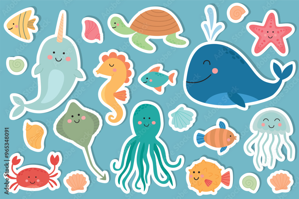 Set of cute stickers with sea animals. Vector illustration of cartoon ...