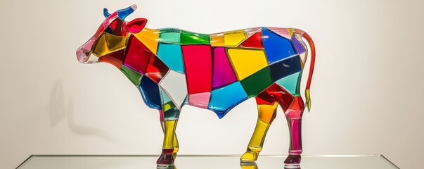 Colorful stained glass cow sculpture on a reflective surface