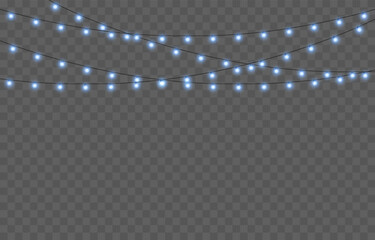 Wall Mural - Vector Christmas garland png. Christmas light png. Holiday decoration, garland with blue lights, LED lamp.