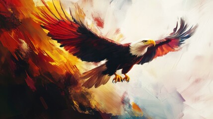 Abstract Painting of a Bald Eagle in Flight with Yellow and Red Brushstrokes