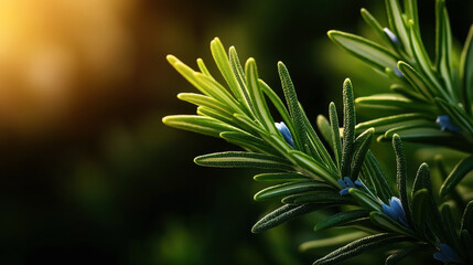 Wall Mural - Close-up of a rosemary twig with small blue flowers in warm sunlight, showcasing the detailed texture and natural green colors. Blurred background with bokeh effect.