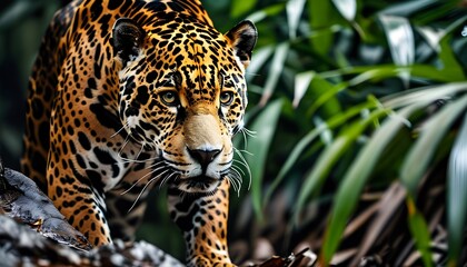 Jaguar stealthily hunting in the dense jungle undergrowth