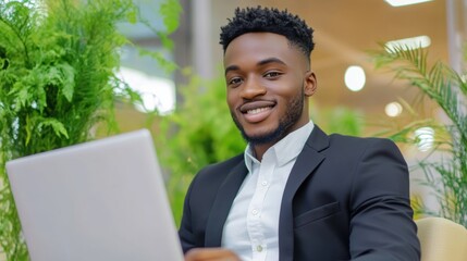 Wall Mural - A man in a suit smiling while using his laptop, AI