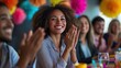 © Nottenaj - 40. A celebratory office scene featuring a diverse group of colleagues gathered around a table, clapping and smiling, with colorful decorations and a lively atmosphere capturing the joy of teamwork