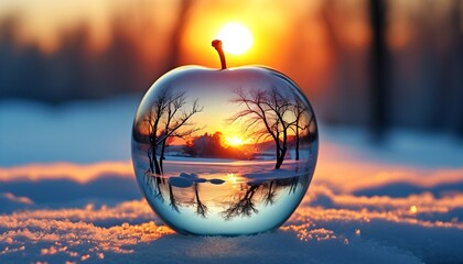 Enchanting winter panorama viewed through a transparent apple, highlighting a serene sunrise over a tranquil landscape