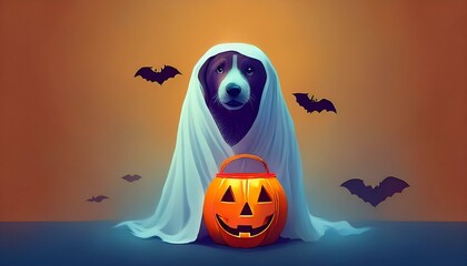 Wall Mural - Cute Dog Ghost Holding a Jack-O-Lantern for Halloween