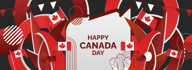 Happy Canada Day background in Canadian flag colors with abstract shapes, typography and raised fist. Perfect for posters, banners and greeting cards. Happy national holidays of Canada