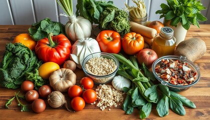 Composition with assorted organic food products on wooden kitchen table.