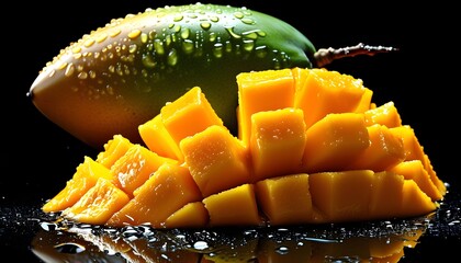 Vibrant mango fruit displayed against a sleek black backdrop