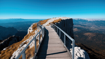 Narrow wooden walkway with railings leading to a mountain peak, surrounded by rocky terrain and dried grass, overlooking a valley and distant mountains under a clear blue sky.