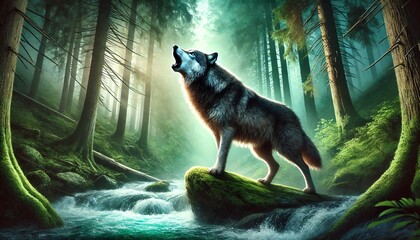 An illustration of a fierce gray wolf standing on a rock by a flowing river in a dense, mystical forest