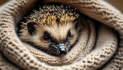 Wall Mural - Adorable rescued hedgehog snuggled in a cozy blanket, radiating warmth and charm