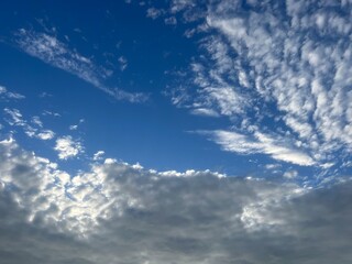 Natural sky background, fantastic cloudscape, blue sky and many small white clouds, heavens