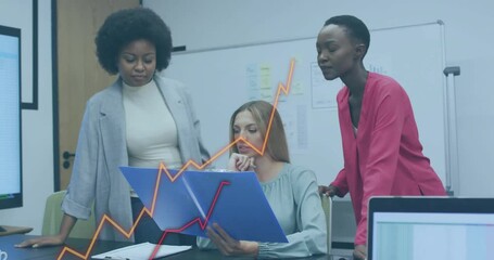 Wall Mural - Animation of financial data processing over diverse colleagues discussing work in office