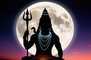 spiritual silhouette of shiva with trident against celestial full moon backdrop for festive celebrat