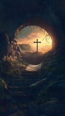 Wall Mural - Cave Entrance with Cross and Empty Tomb