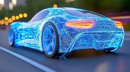 A futuristic car with a glowing blue design, cruising through a city at night, showcasing innovative automotive technology.