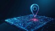 © Sea - Abstrtact location pin on laptop screen. GPS concept. Low poly wireframe vector illustration in futuristic hologram style on a technology blue background. Monochrome light illustration with 3D effect