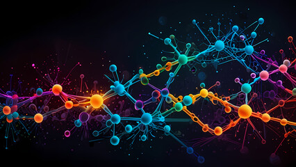 abstract background of interconnected molecules in vibrant, neon colors, with particles floating in a dark space 