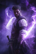 © mai - A strong looking mage in his thirties with a short beard, wielding a short sword glowing with dark purple energy