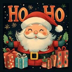 Santa Claus dressed in his traditional red and white suit with colorful gift boxes on a dark background.  Text “ho ho”. 