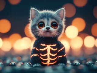 Sticker - Cute Kitten in Skeleton Costume for Halloween.