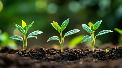 Young plants growing in soil with sunlight in a garden setting