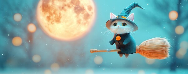 Canvas Print - Cute Witch Cat Flying on a Broomstick Under the Moon.