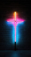 Wall Mural - Neon Cross Glowing in Vibrant Colors of Pink and Blue