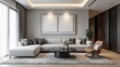 © GMeta - Sleek minimalist living room with monochrome decor and striking art piece