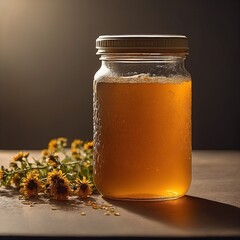 Wall Mural - Organic liquid honey sweet wood dipper honeycomb sticky gold colored pouring freshness ingredient dessert sweet food gourmet yellow jar healthy eating flowing glass material studio shot photography