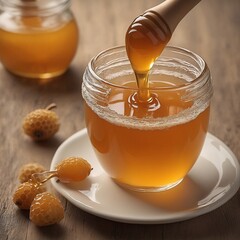 Wall Mural - Organic liquid honey sweet wood dipper honeycomb sticky gold colored pouring freshness ingredient dessert sweet food gourmet yellow jar healthy eating flowing glass material studio shot photography