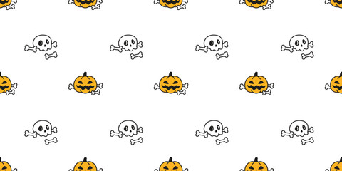 Wall Mural - halloween seamless pattern pumpkin skull bone vector jack o lantern cartoon character doodle tile background gift wrapping paper scarf isolated repeat wallpaper