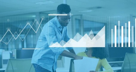 Canvas Print - Animation of financial data processing over diverse colleagues discussing work in office