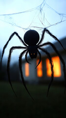 A spider is hanging from a web in front of a house. The spider is black and has glowing eyes