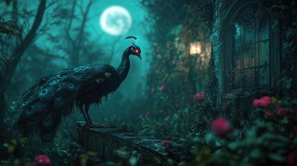 A black peacock stands in front of a house with a large moon in the background