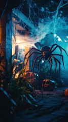 A spider is hanging from a web in front of a pumpkin and a skull. The spider is the main focus of the image, and the pumpkin and skull are in the background. Scene is eerie and spooky