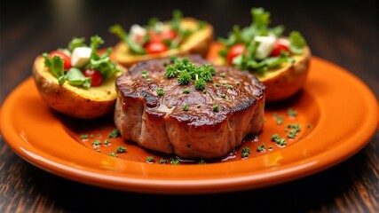 a plate with juicy steak and vegetables