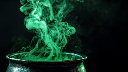 Wall Mural - Close-up of eerie green smoke rising from a cauldron, ultra-sharp focus, solid black background