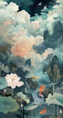 Watercolor painting of a serene pond surrounded by mountains, clouds, and a blooming lotus flower. Two orange fish swim in the water.