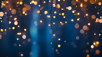 holiday illumination and decoration concept - christmas garland bokeh lights over dark blue background