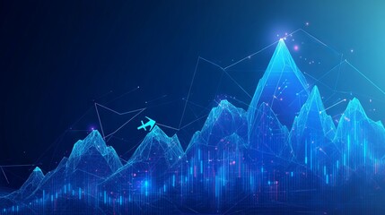 Abstract digital mountain and growth graph chart on technology blue background. Milestone and success business concept. Mountain range landscape and arrow up with histogram. Vector illustration. 