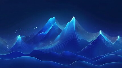 Abstract digital mountain and growth graph chart on technology blue background. Milestone and success business concept. Mountain range landscape and arrow up with histogram. Vector illustration. 