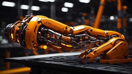 orange robotic arm in a factory setting.