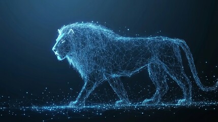 Abstract digital lion in polygons, lines and connected dots. King of beasts. Technology wild concept. Low Poly Wireframe 3D Vector illustration in blue 