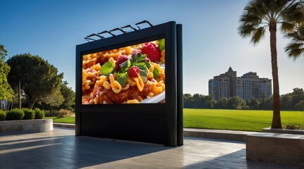 large outdoor screen displays a colorful pasta dish, surrounded by greenery and palm trees