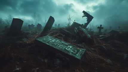 Spooky cemetery scene with undead zombies emerging from their graves, their decayed faces glowing in the dim light, surrounded by ancient.