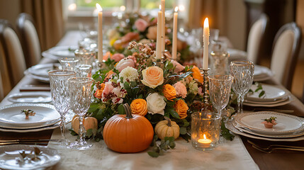 A formal Thanksgiving dinner table decorated with pumpkins, candles, and floral arrangements, ready for guests 