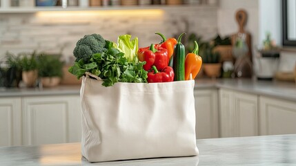 An eco-friendly reusable shopping bag full of groceries, space for an environmentally conscious message.